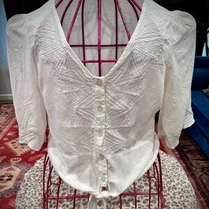 Boho white Embroidered Blouse, tie bottom